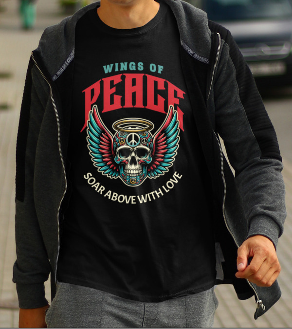 Wings Of Peace Soar Above With Love Peace Symbol Skull And Wings T-Shirt