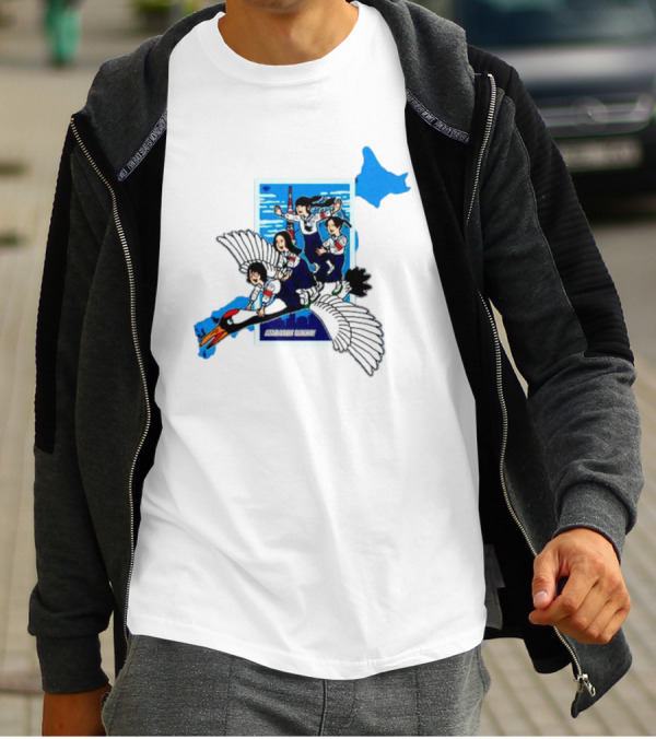Atarashii Gakko Navy Crane Cartoon With Energetic Flyers And Blue Map Highlight T-Shirt
