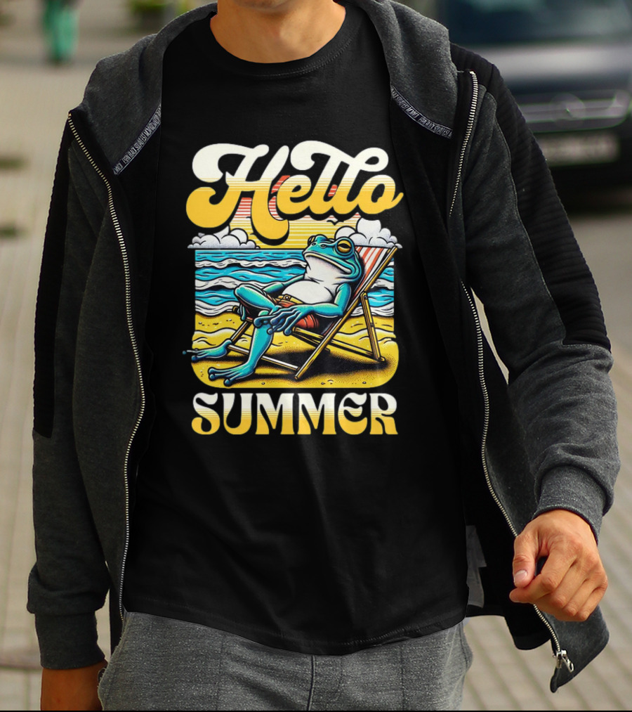 Hello Summer Frog Vintage Beach Scene T-Shirt