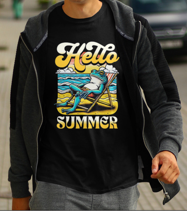 Hello Summer Frog Vintage Beach Scene T-Shirt