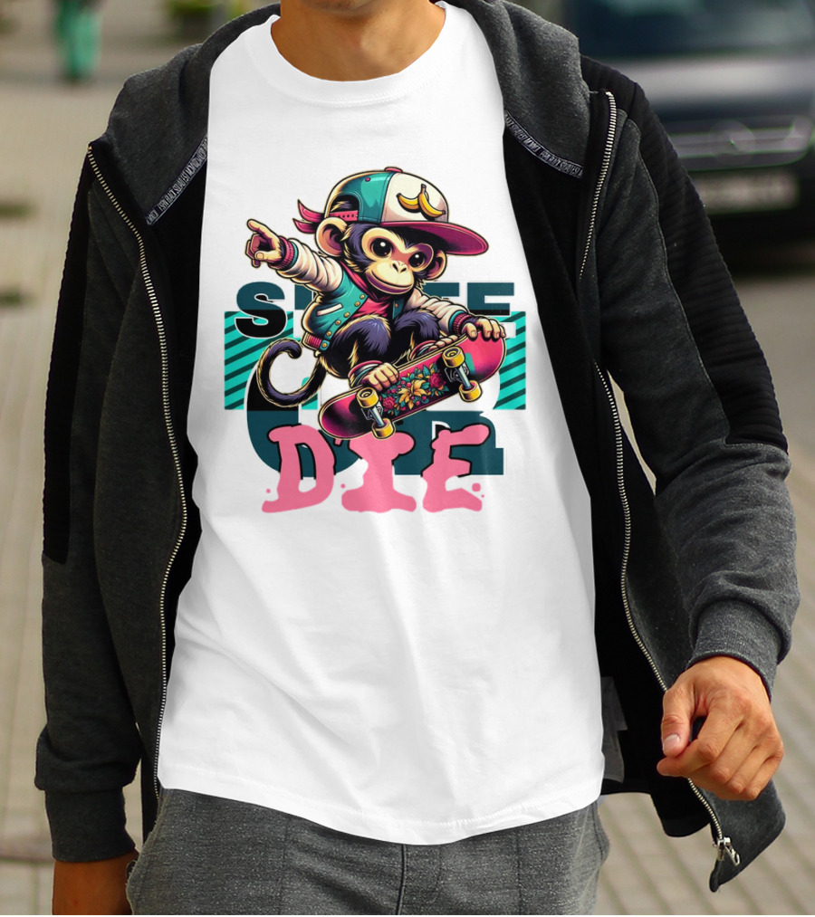 Skate Or Die Monkey On Skateboard With Cap And Jacket T-Shirt