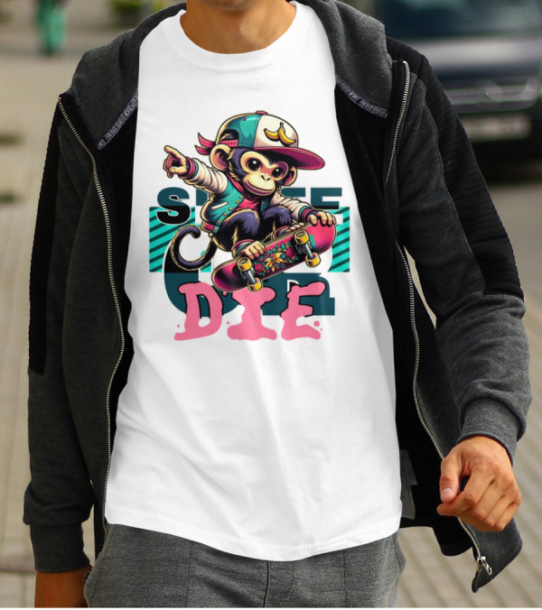 Skate Or Die Monkey On Skateboard With Cap And Jacket T-Shirt