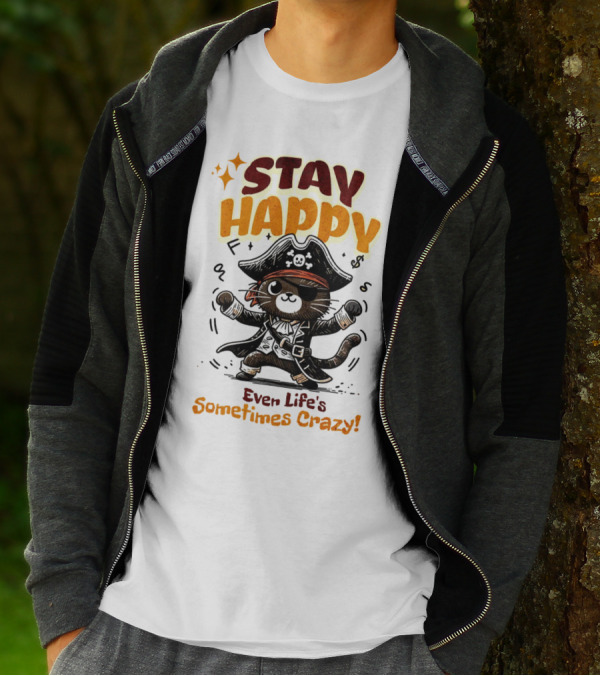 STAY HAPPY Even Life's Sometimes Crazy Pirate Cat T-Shirt