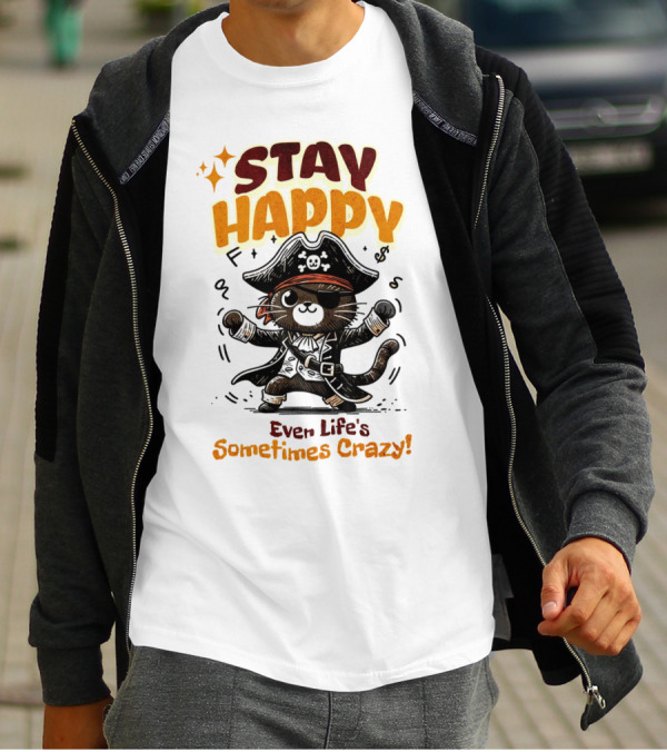 STAY HAPPY Even Life's Sometimes Crazy Pirate Cat T-Shirt