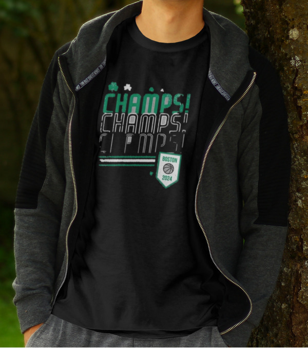 Boston Celtics ’24 Champs Champs Champs Basketball Shield T-Shirt