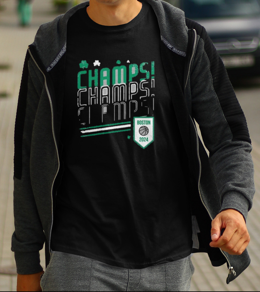 Boston Celtics ’24 Champs Champs Champs Basketball Shield T-Shirt