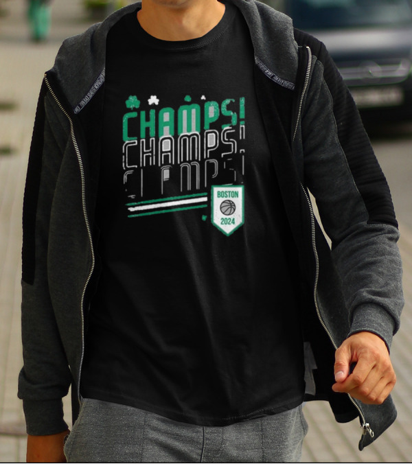 Boston Celtics ’24 Champs Champs Champs Basketball Shield T-Shirt