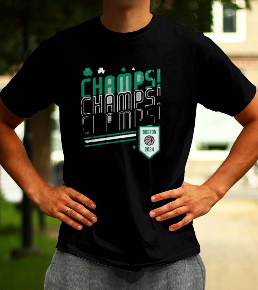 Boston Celtics ’24 Champs Champs Champs Basketball Shield T-Shirt