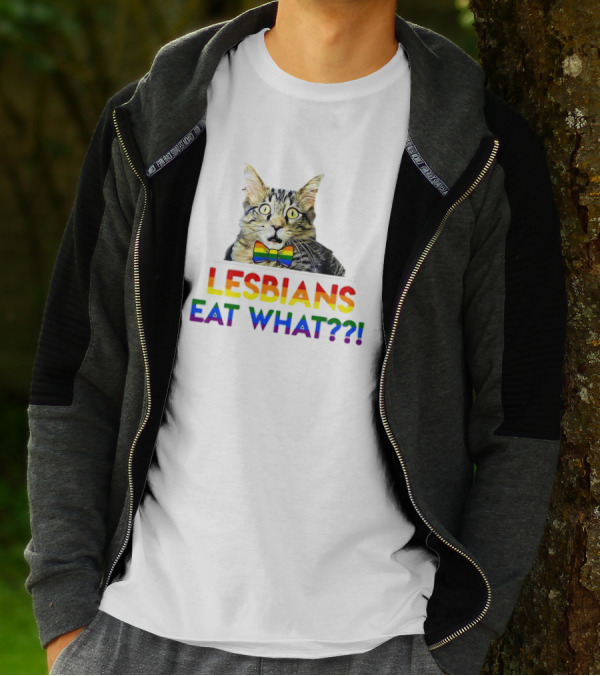 Lesbians Eat What Cat With Rainbow Bow Tie T-Shirt
