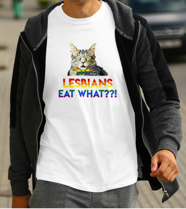 Lesbians Eat What Cat With Rainbow Bow Tie T-Shirt
