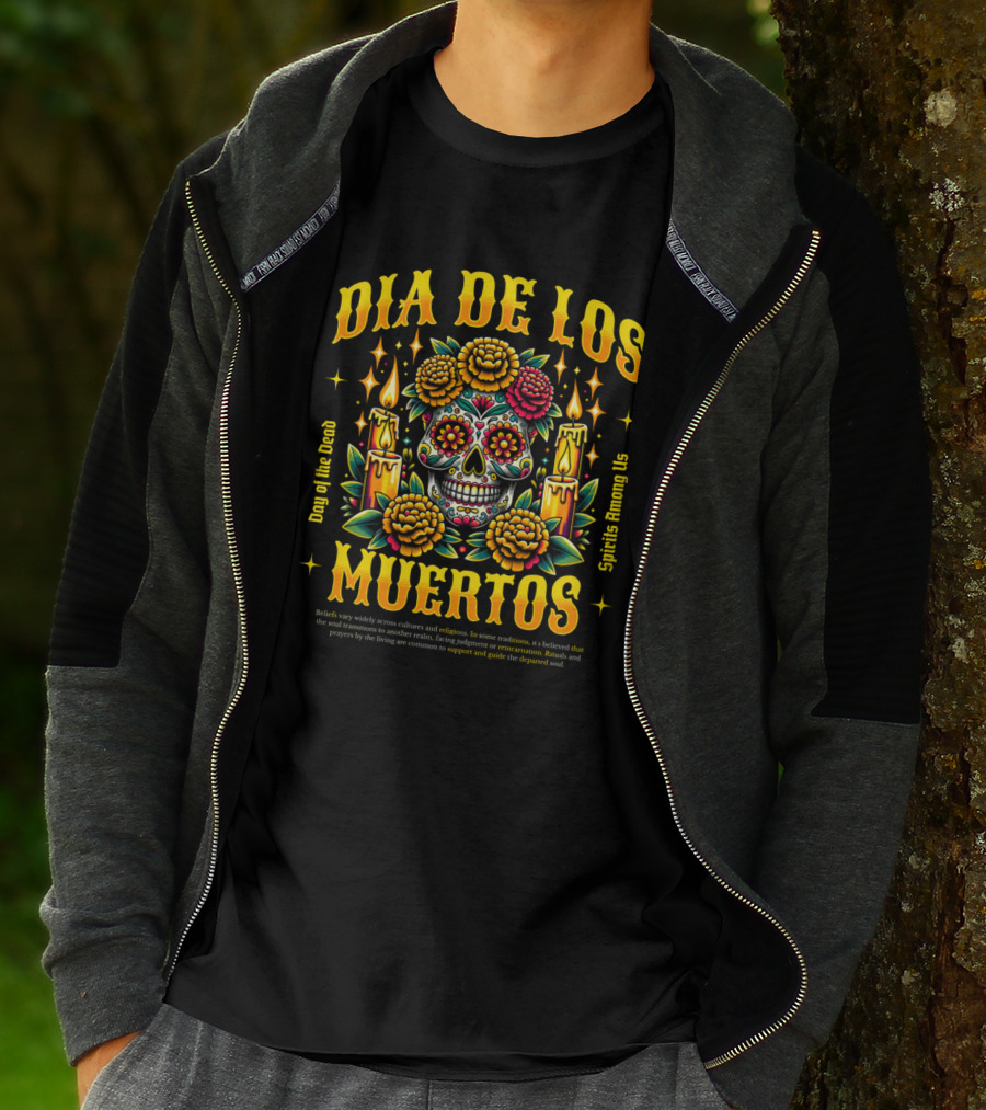 Día De Los Muertos Day Of The Dead Spirits Among Us Skull Candles Flowers T-Shirt