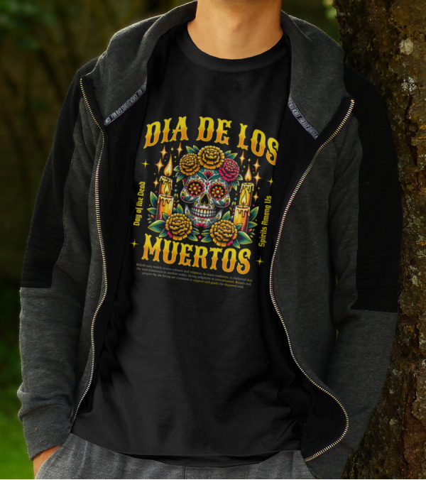 Día De Los Muertos Day Of The Dead Spirits Among Us Skull Candles Flowers T-Shirt