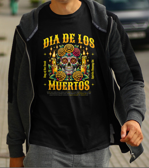 Día De Los Muertos Day Of The Dead Spirits Among Us Skull Candles Flowers T-Shirt