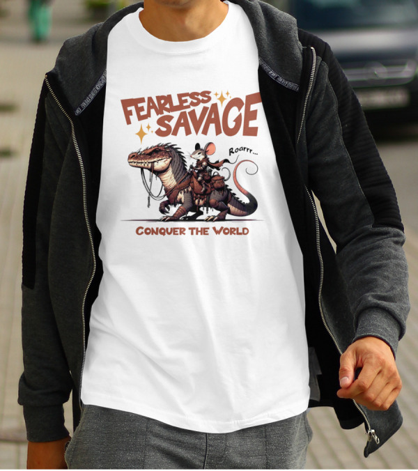 Fearless Savage Conquer The World Roarrr Mouse Riding Dinosaur T-Shirt