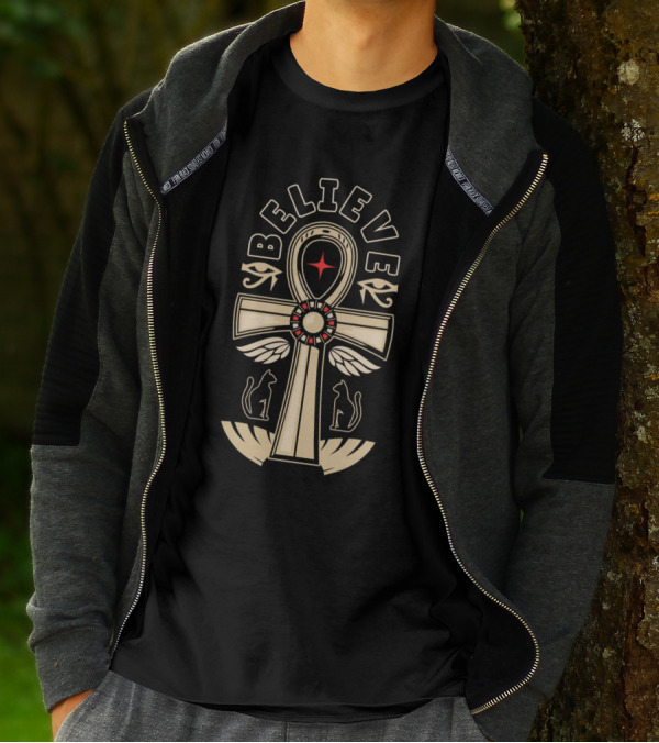 Believe Ankh Symbol With Wings And Cats T-Shirt