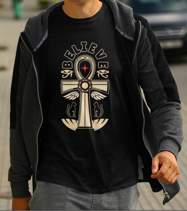 Believe Ankh Symbol With Wings And Cats T-Shirt