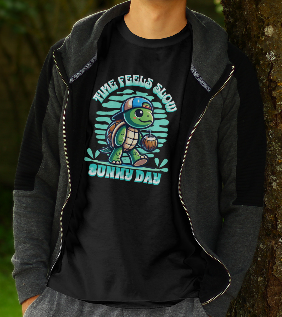 Time Feels Slow With Sunny Day Turtle In Hat And Coconut T-Shirt