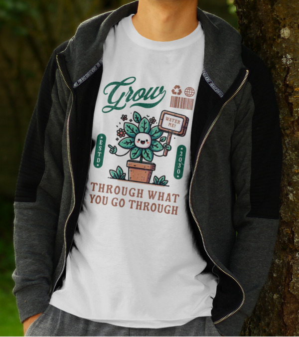 Grow Cute Mascot Plant In A Pot With Water Me Through What You Go Through ESTD 2030 T-Shirt