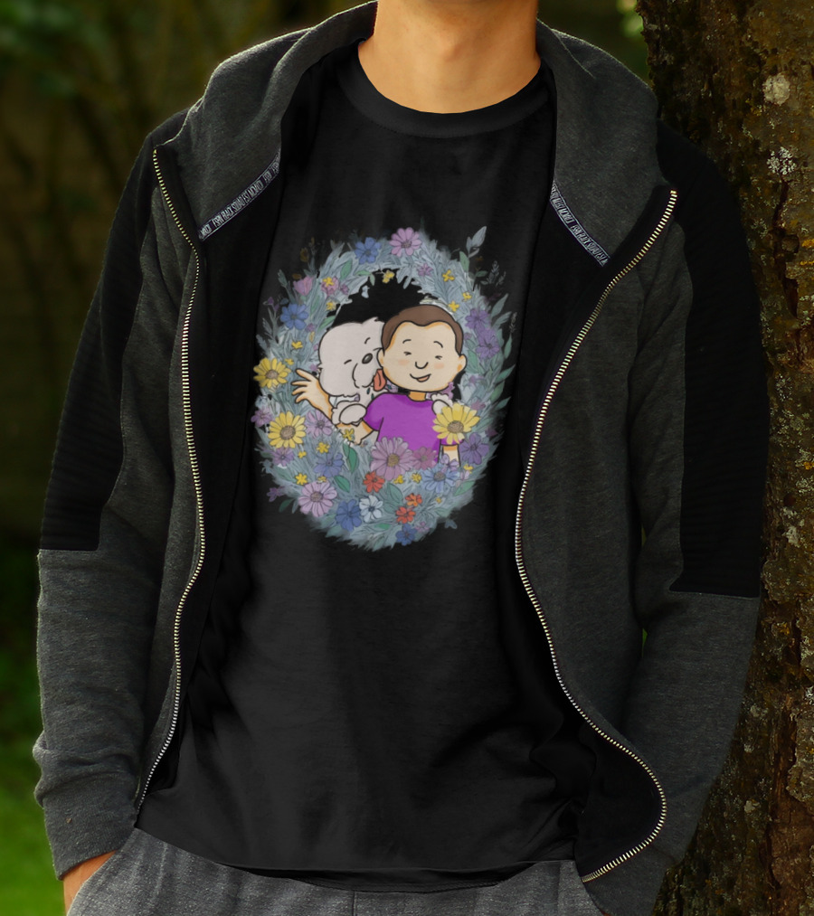 Dog Dad With Child And Dog Surrounded By Floral Wreath T-Shirt