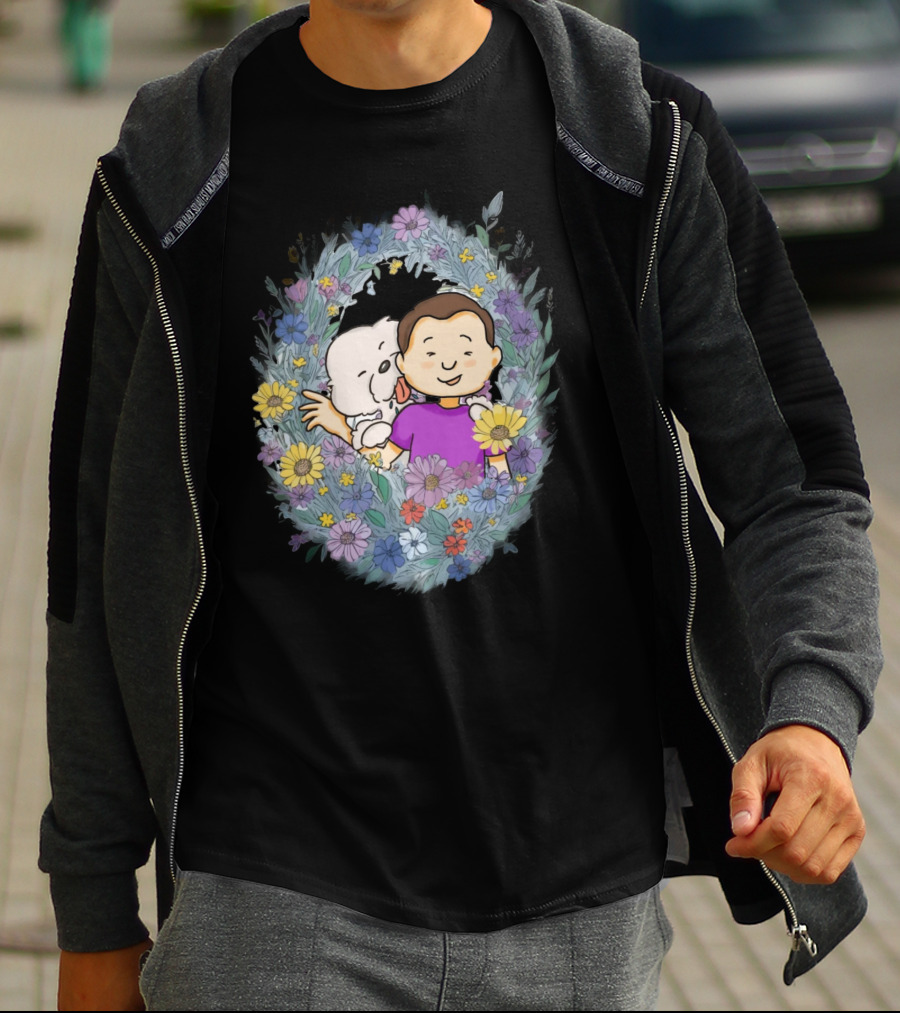 Dog Dad With Child And Dog Surrounded By Floral Wreath T-Shirt