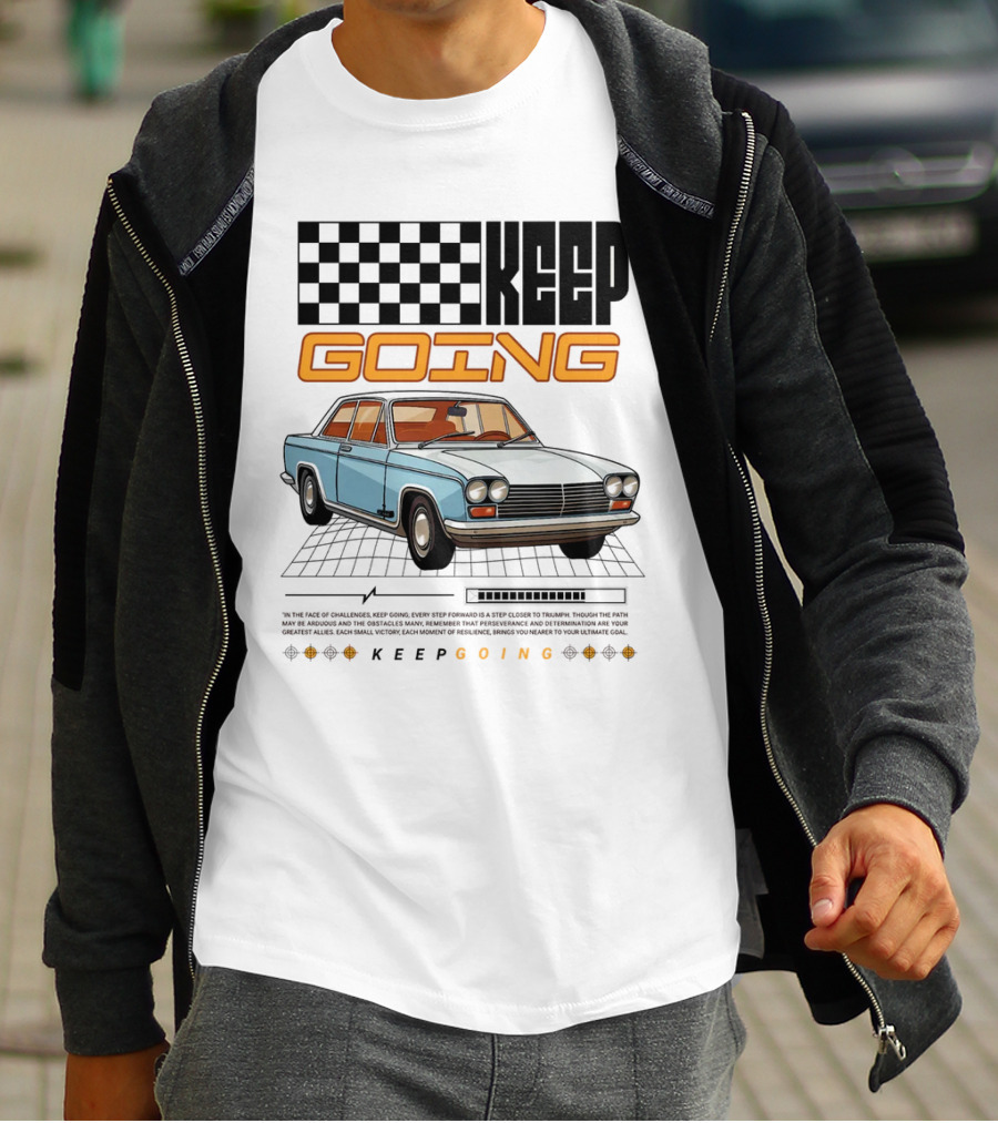 KEEP GOING Retro Car Classic Style Checkerboard Racing Elements T-Shirt