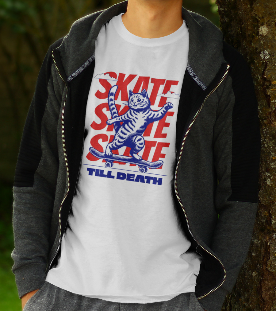 Skate Till Death Cat Riding Skateboard T-Shirt