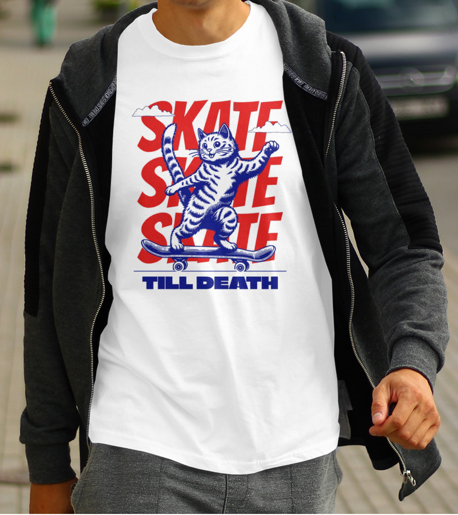 Skate Till Death Cat Riding Skateboard T-Shirt