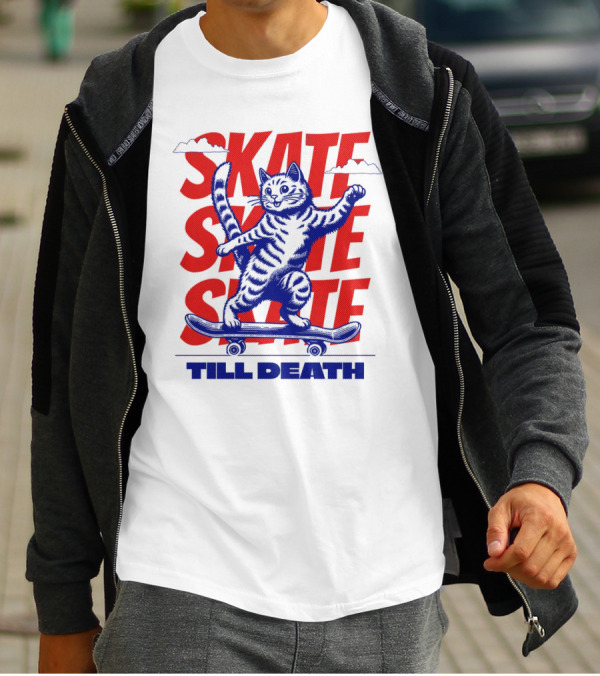 Skate Till Death Cat Riding Skateboard T-Shirt