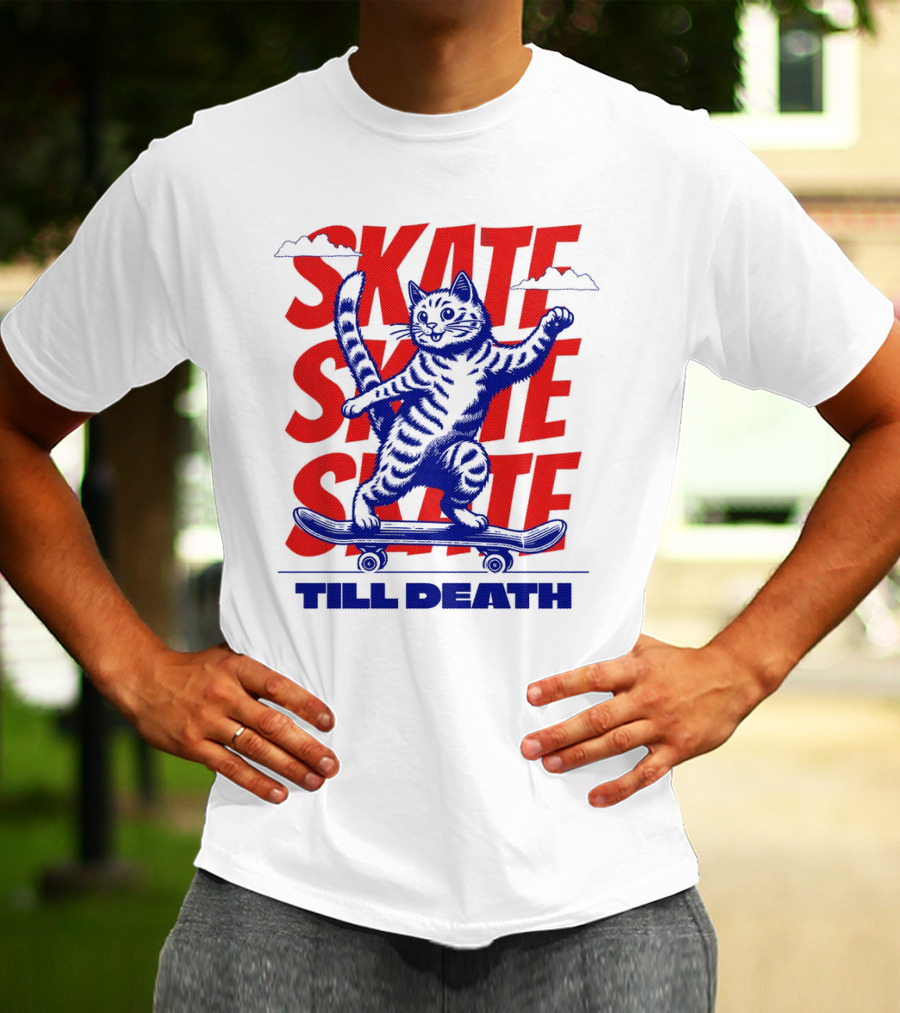 Skate Till Death Cat Riding Skateboard T-Shirt