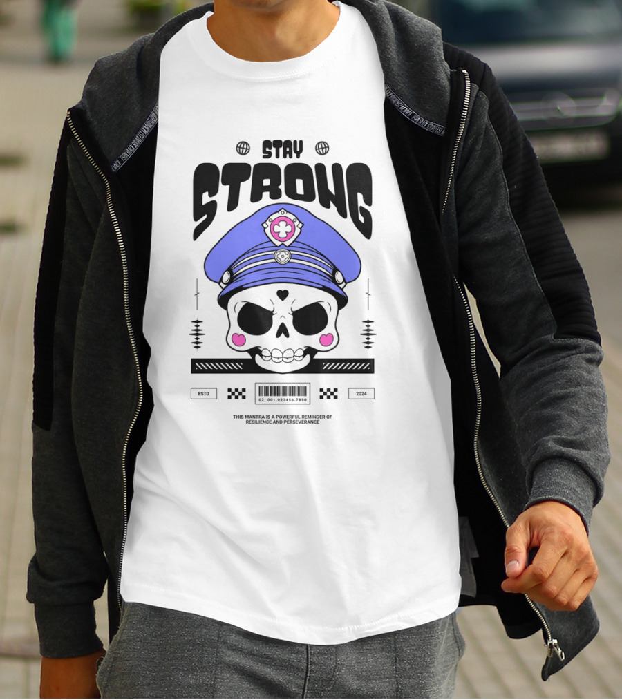 Stay Strong Skull With Blue Hat And Pink Hearts T-Shirt