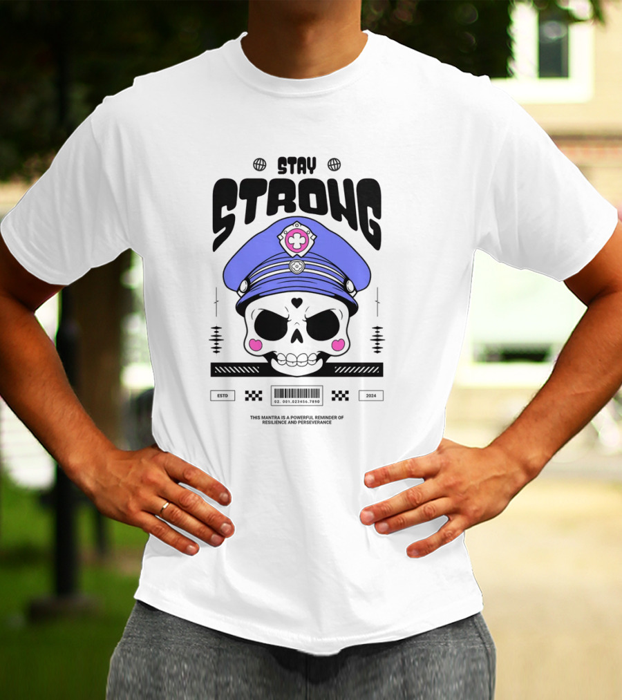 Stay Strong Skull With Blue Hat And Pink Hearts T-Shirt