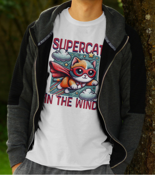 SUPER CAT IN THE WIND STAR ADVENTURE WITH CLOUDS AND CAPE T-Shirt
