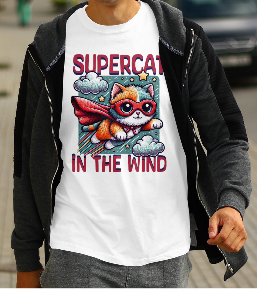 SUPER CAT IN THE WIND STAR ADVENTURE WITH CLOUDS AND CAPE T-Shirt