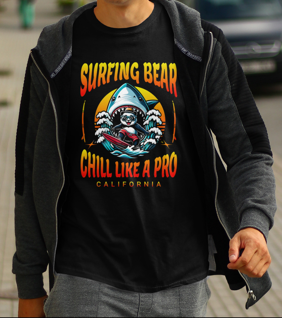 Surfing Bear Chill Like A Pro California Shark Waves Adventure T-Shirt