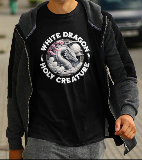 White Dragon Holy Creature Cherry Blossom Circular T-Shirt