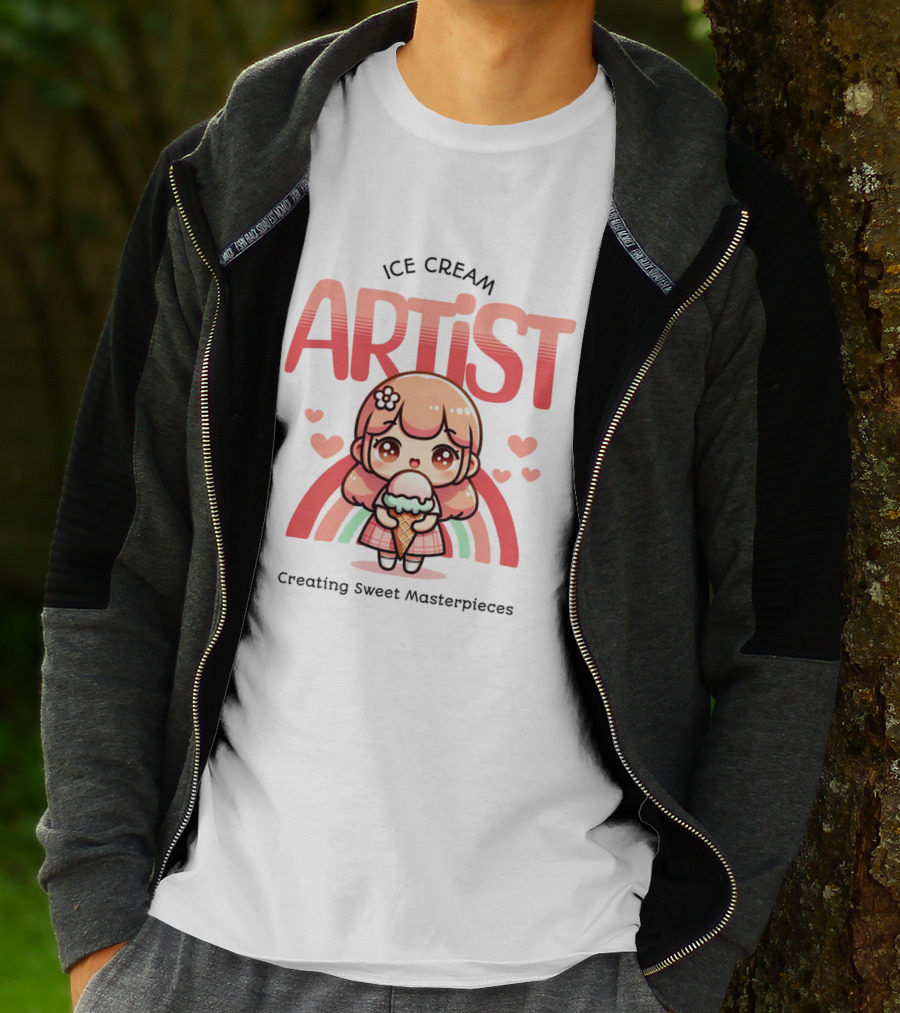 Ice Cream Artist Creating Sweet Masterpieces Kawaii Girl With Hearts And Rainbow T-Shirt