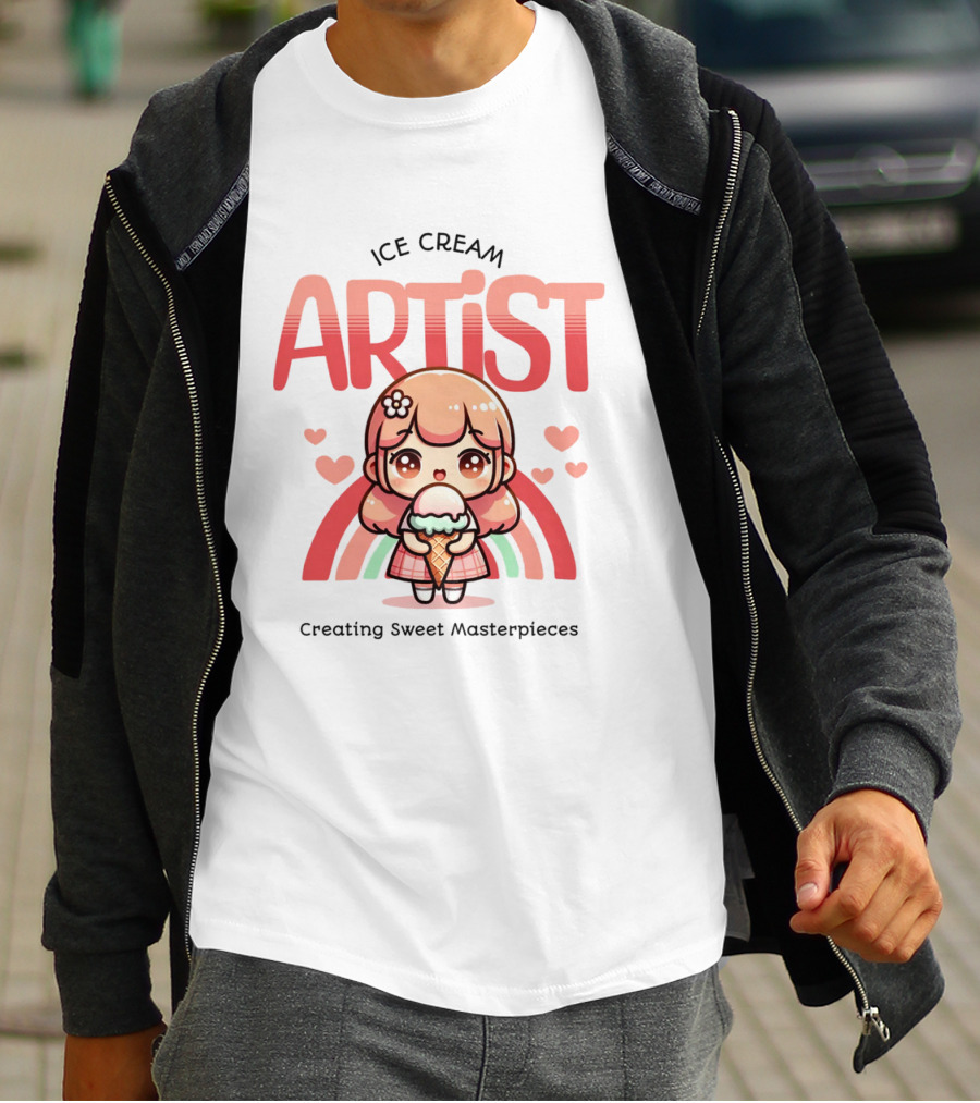 Ice Cream Artist Creating Sweet Masterpieces Kawaii Girl With Hearts And Rainbow T-Shirt