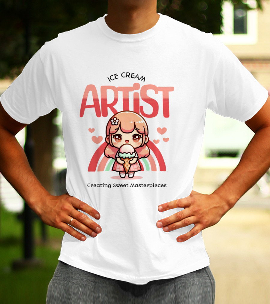 Ice Cream Artist Creating Sweet Masterpieces Kawaii Girl With Hearts And Rainbow T-Shirt