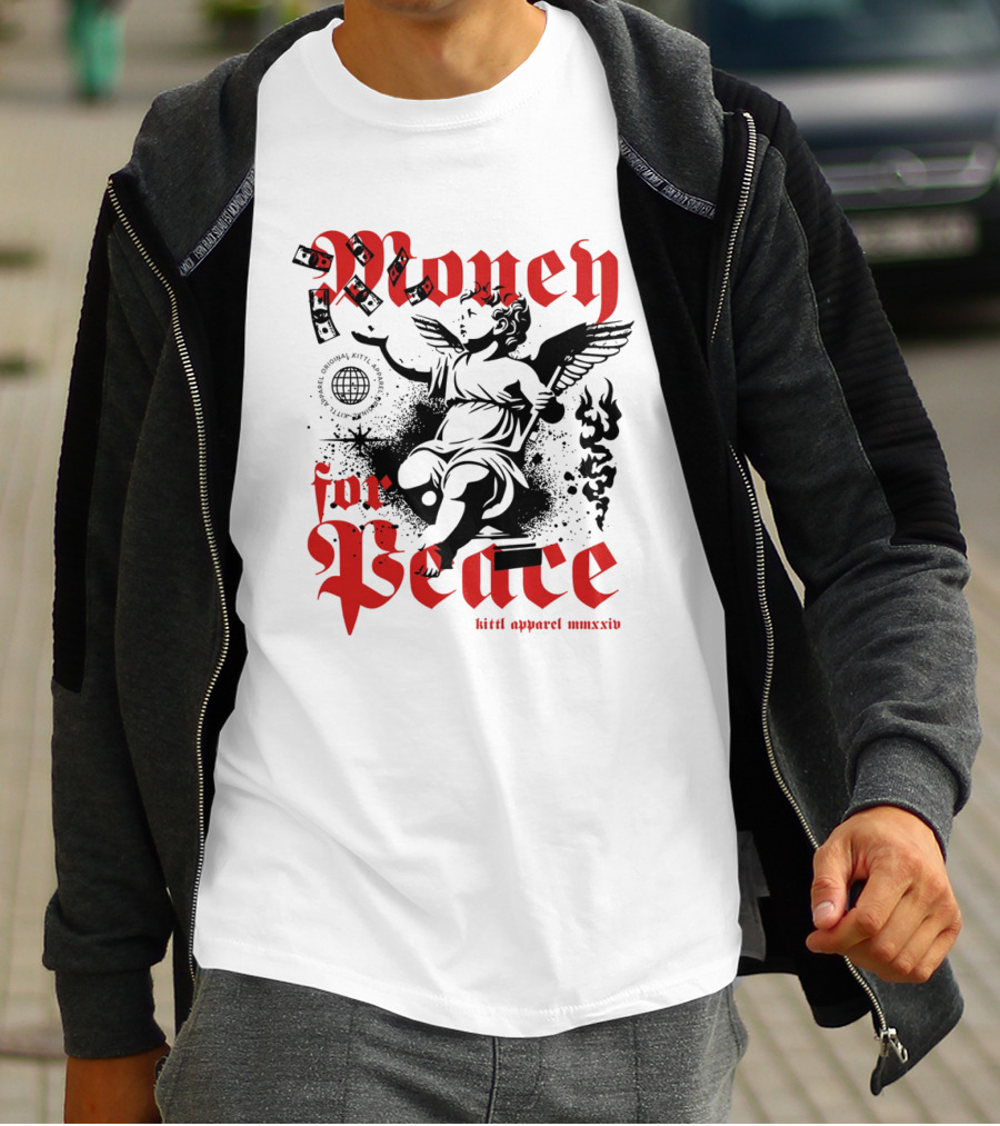 Money For Peace Cherub With Globe And Dollar Bills Kittl Apparel MMXXIV T-Shirt