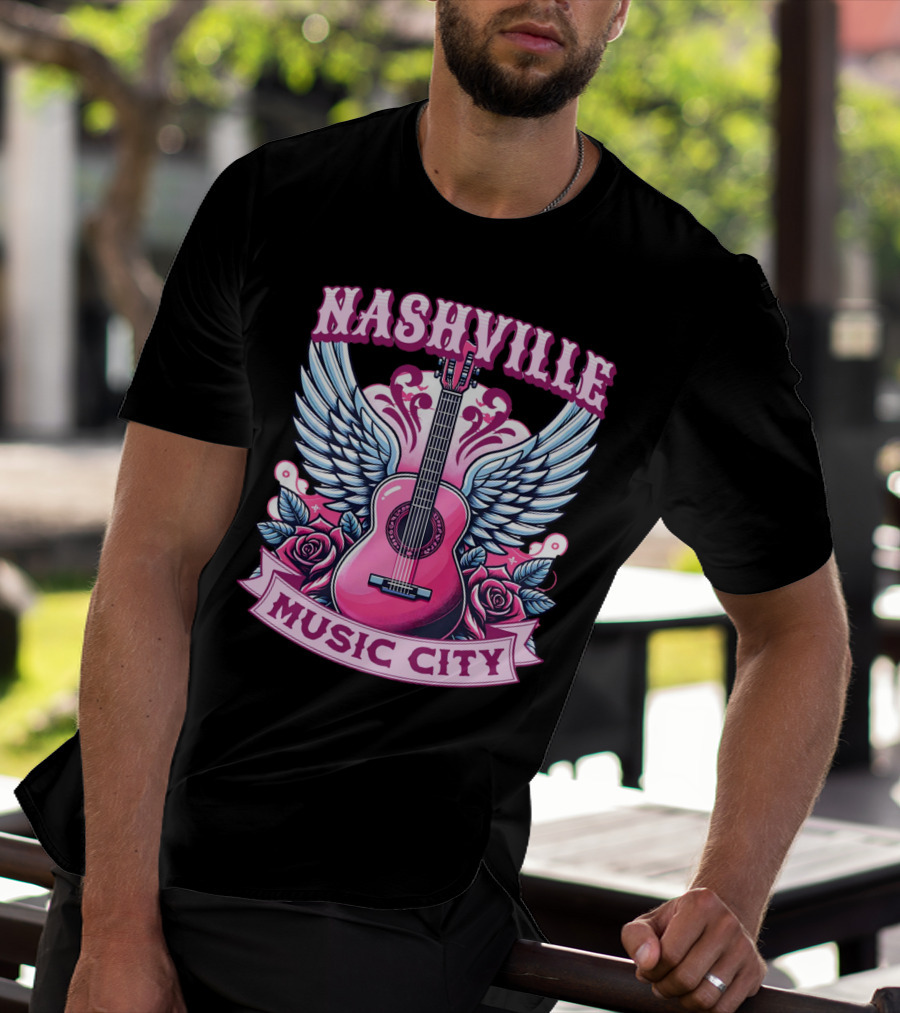 Nashville Music City Pink Guitar Wings Roses T-Shirt