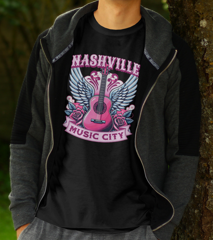 Nashville Music City Pink Guitar Wings Roses T-Shirt