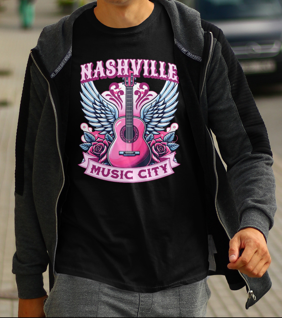 Nashville Music City Pink Guitar Wings Roses T-Shirt