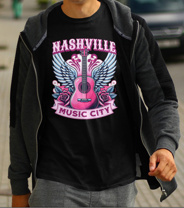 Nashville Music City Pink Guitar Wings Roses T-Shirt