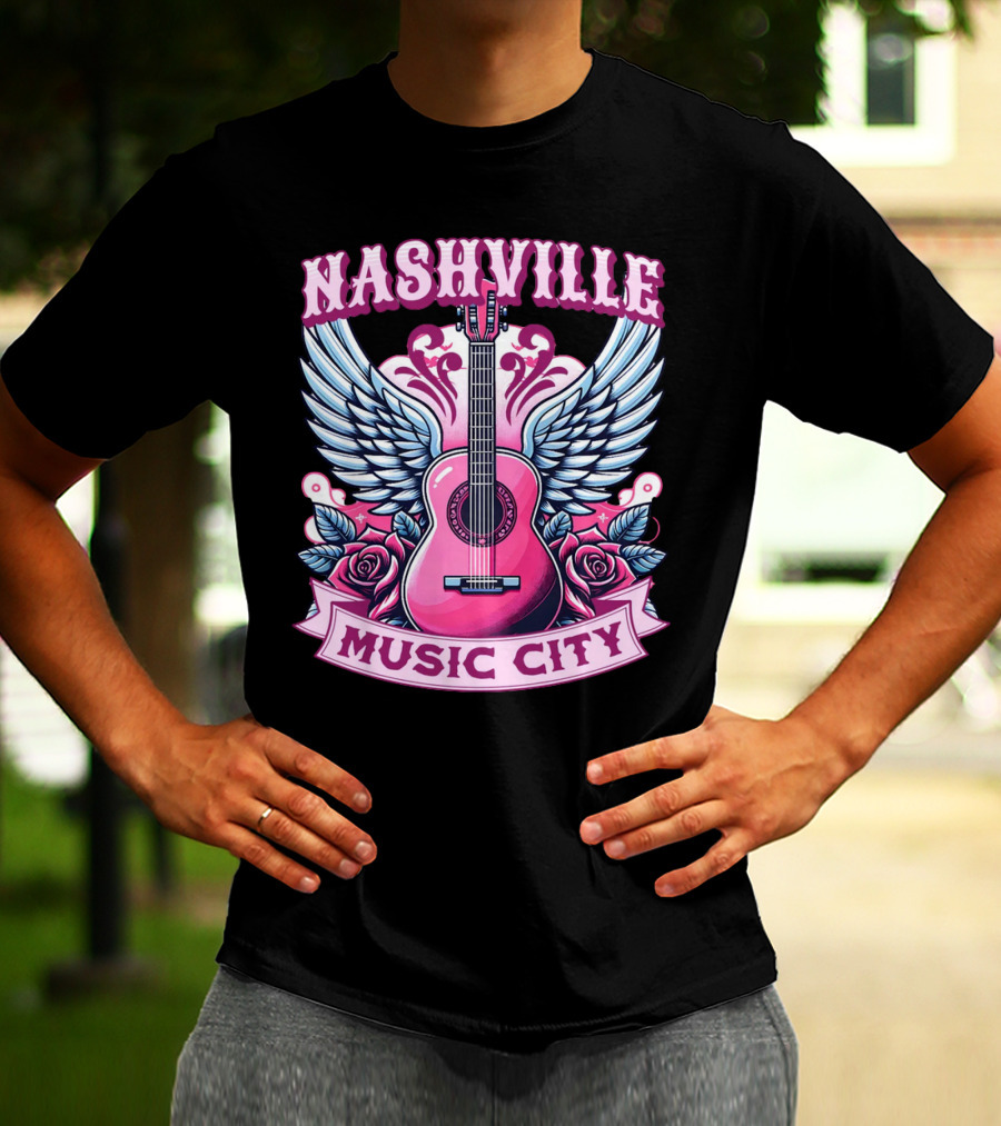 Nashville Music City Pink Guitar Wings Roses T-Shirt