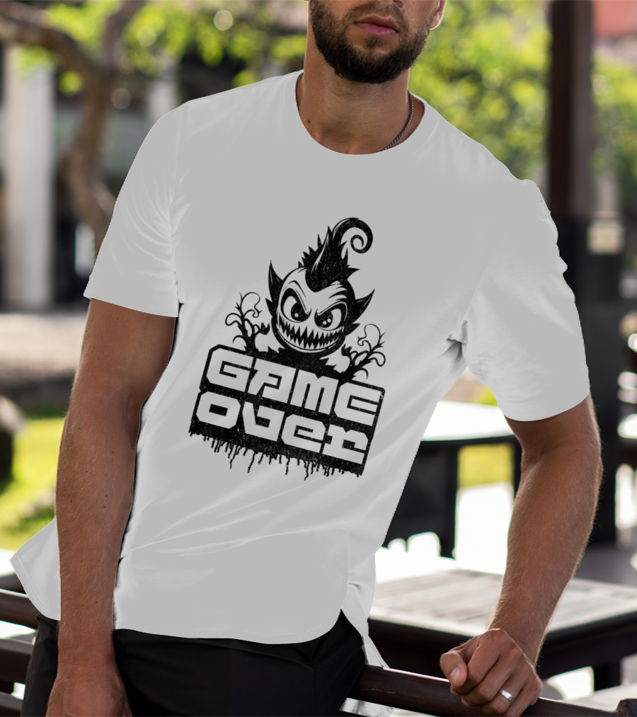 GAME OVER Creepy Monster Icon With Sharp Teeth And Spiky Hair T-Shirt