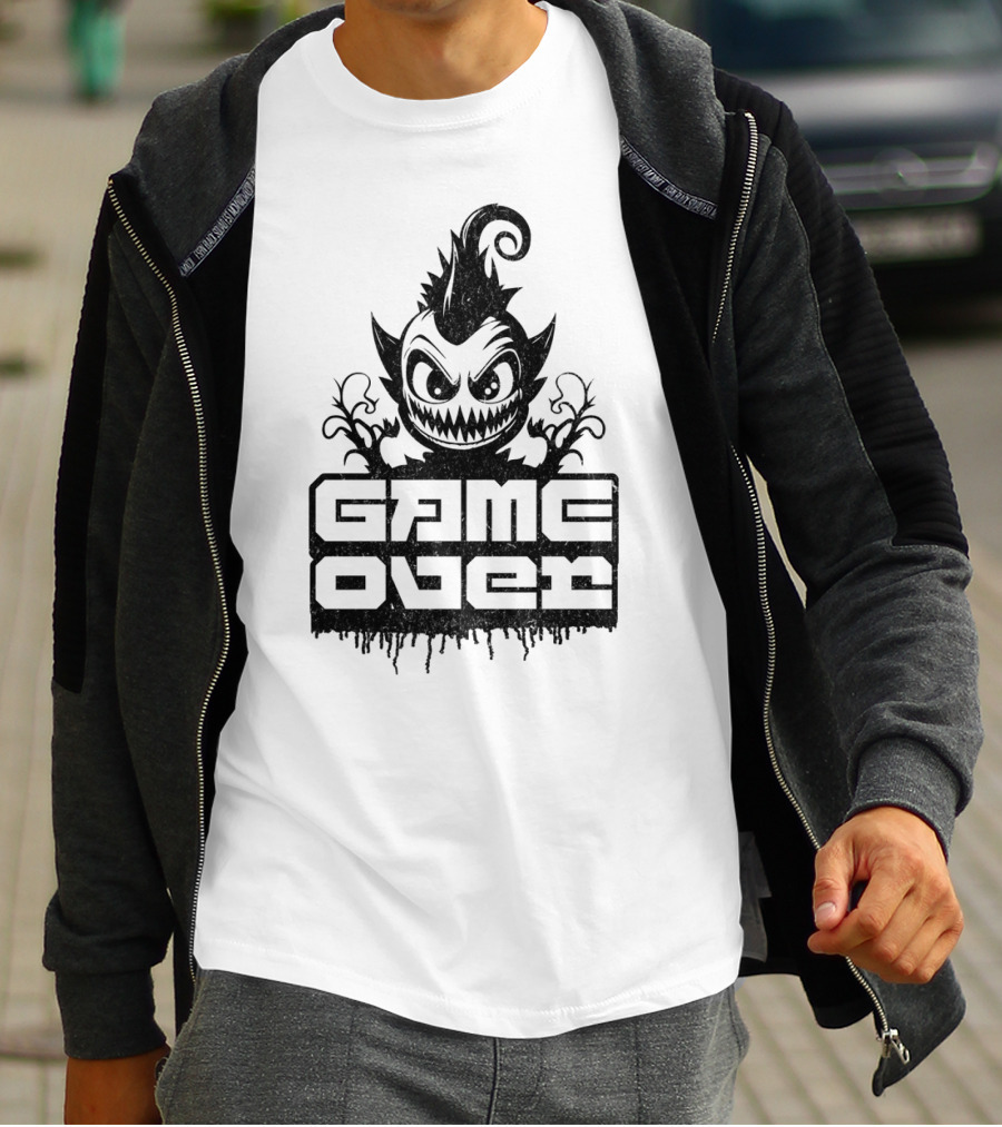 GAME OVER Creepy Monster Icon With Sharp Teeth And Spiky Hair T-Shirt