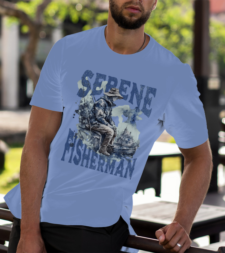 Serene Fisherman In Tranquil Lakeside Town With Boat And Reflection T-Shirt