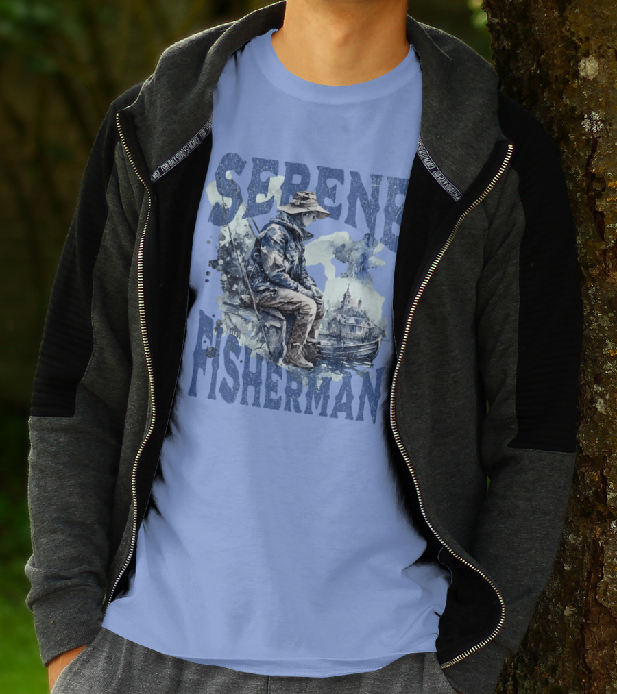 Serene Fisherman In Tranquil Lakeside Town With Boat And Reflection T-Shirt
