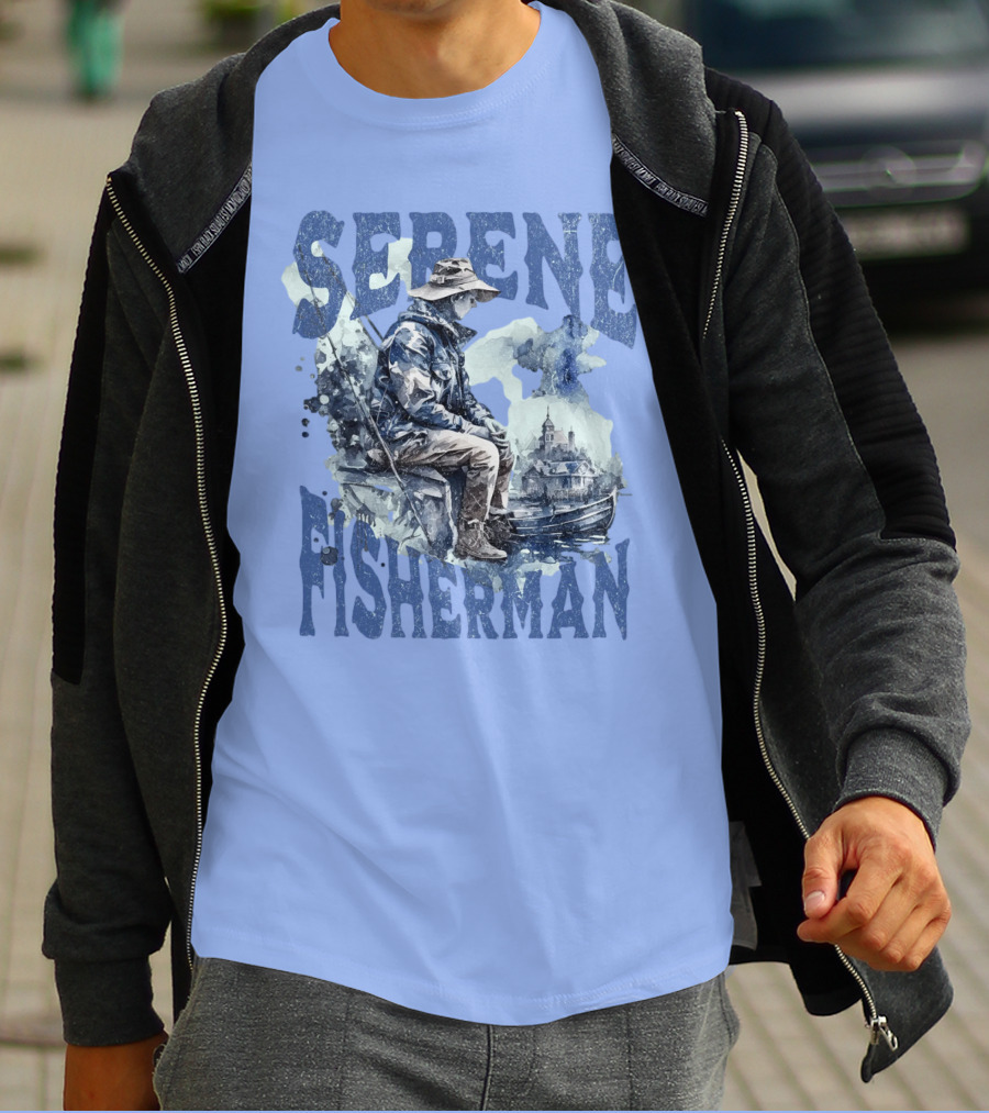 Serene Fisherman In Tranquil Lakeside Town With Boat And Reflection T-Shirt