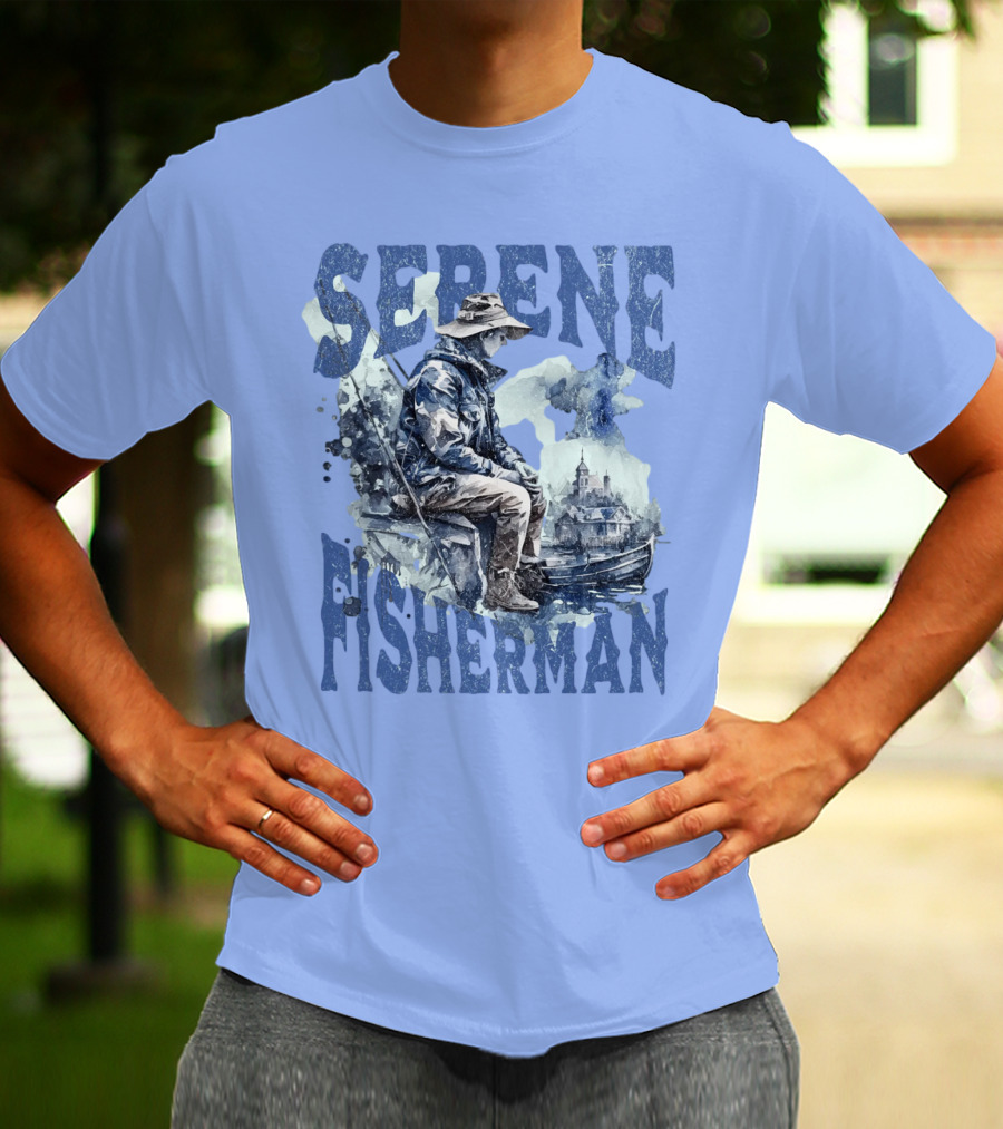 Serene Fisherman In Tranquil Lakeside Town With Boat And Reflection T-Shirt